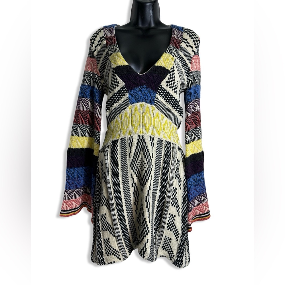 FREE PEOPLE Woven Patchwork Belted Tunic Sweater Dress